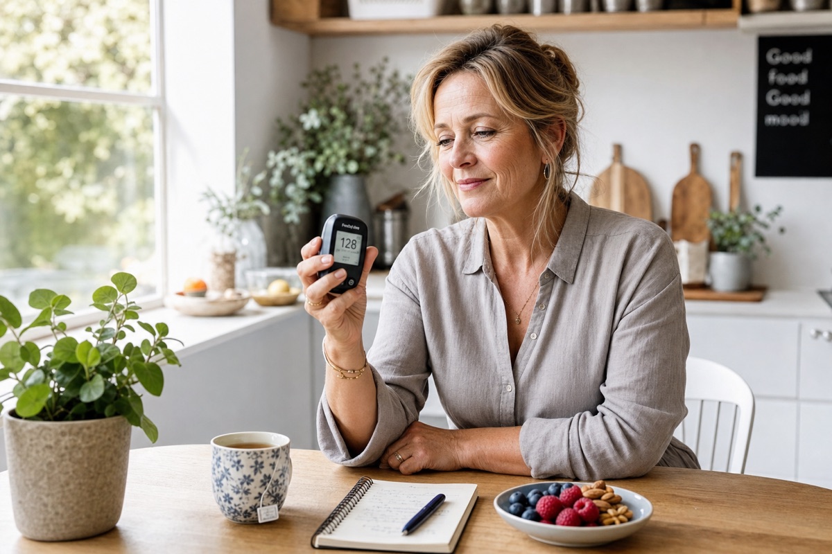 Marja met bloedglucosemeter aan de keukentafel