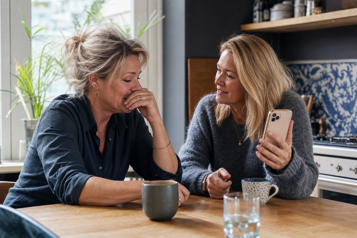 Marja met haar zus Annet aan de keukentafel