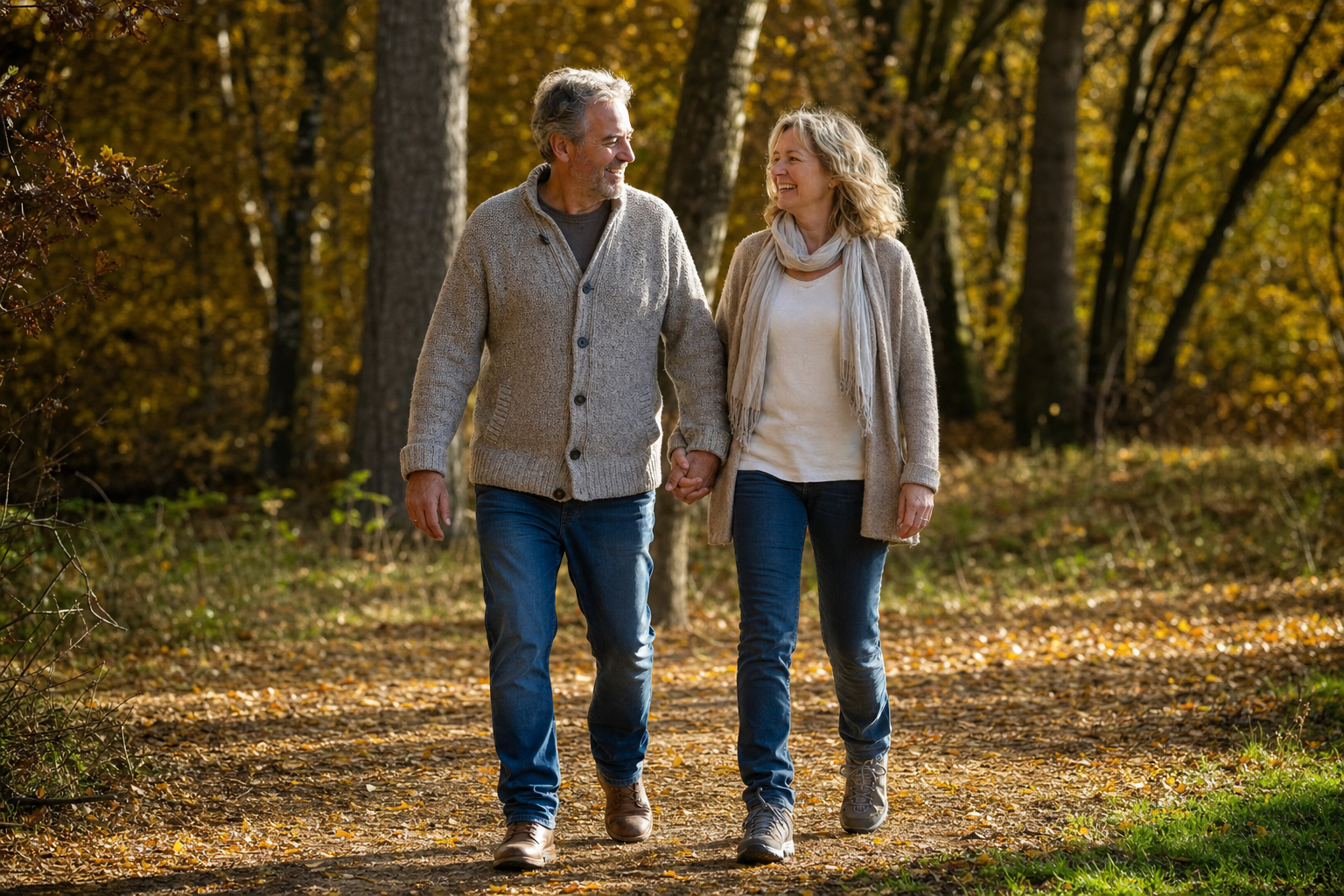 Koppel wandelt samen door het bos