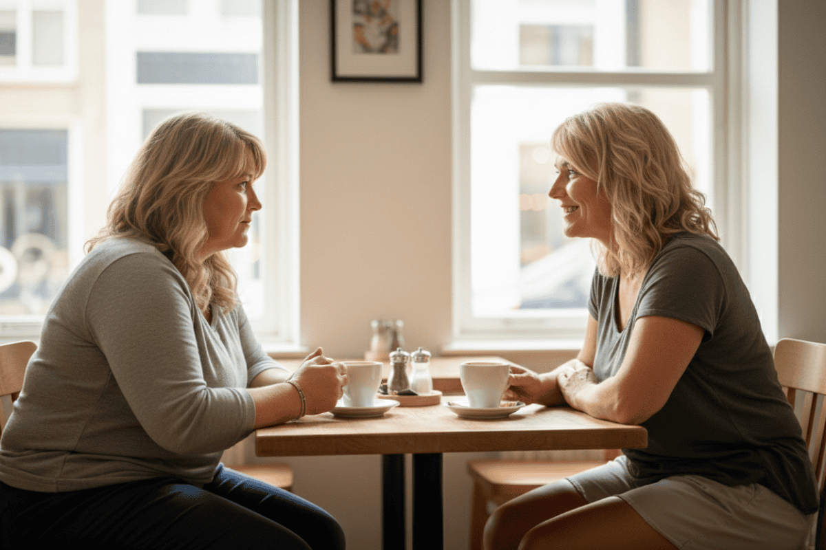 Sandra in gesprek met Marieke in een café