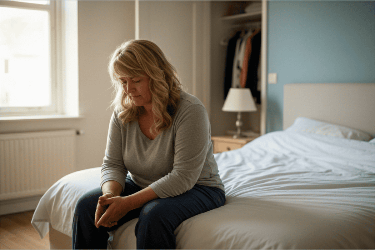 Sandra zit moedeloos op de rand van haar bed