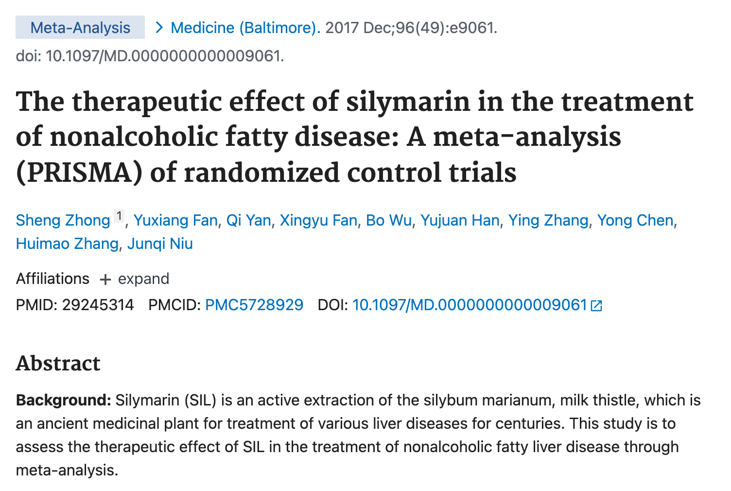 PubMed-vermelding van de meta-analyse naar silymarine en leververvetting (PMID 29245314)