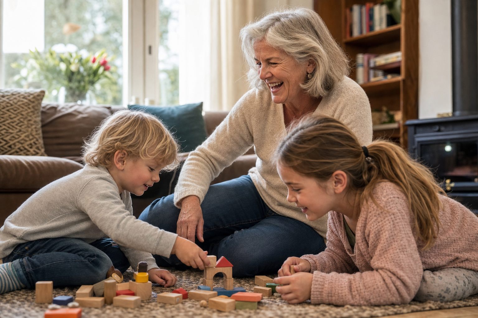 Marieke speelt met haar kleinkinderen in de woonkamer